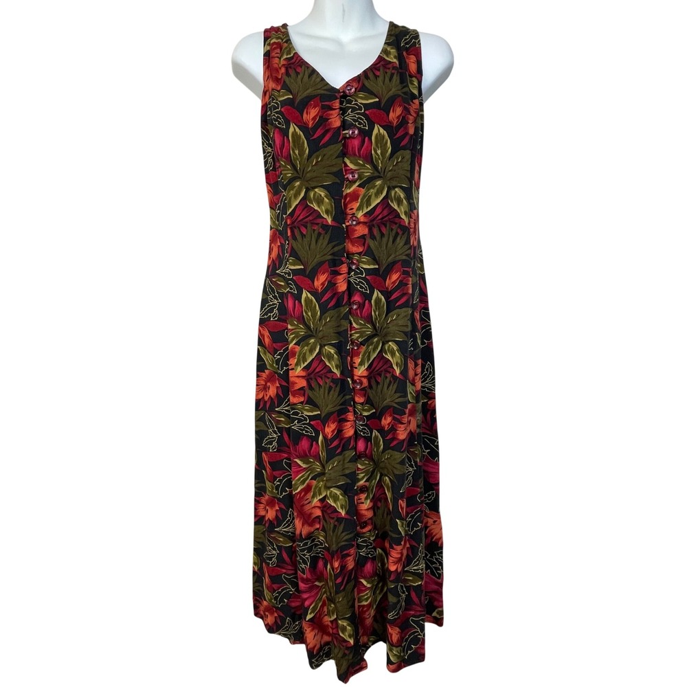 White Stag Dark Tropical Floral Print Sleeveless Midi Dress Womens S Cottagecore